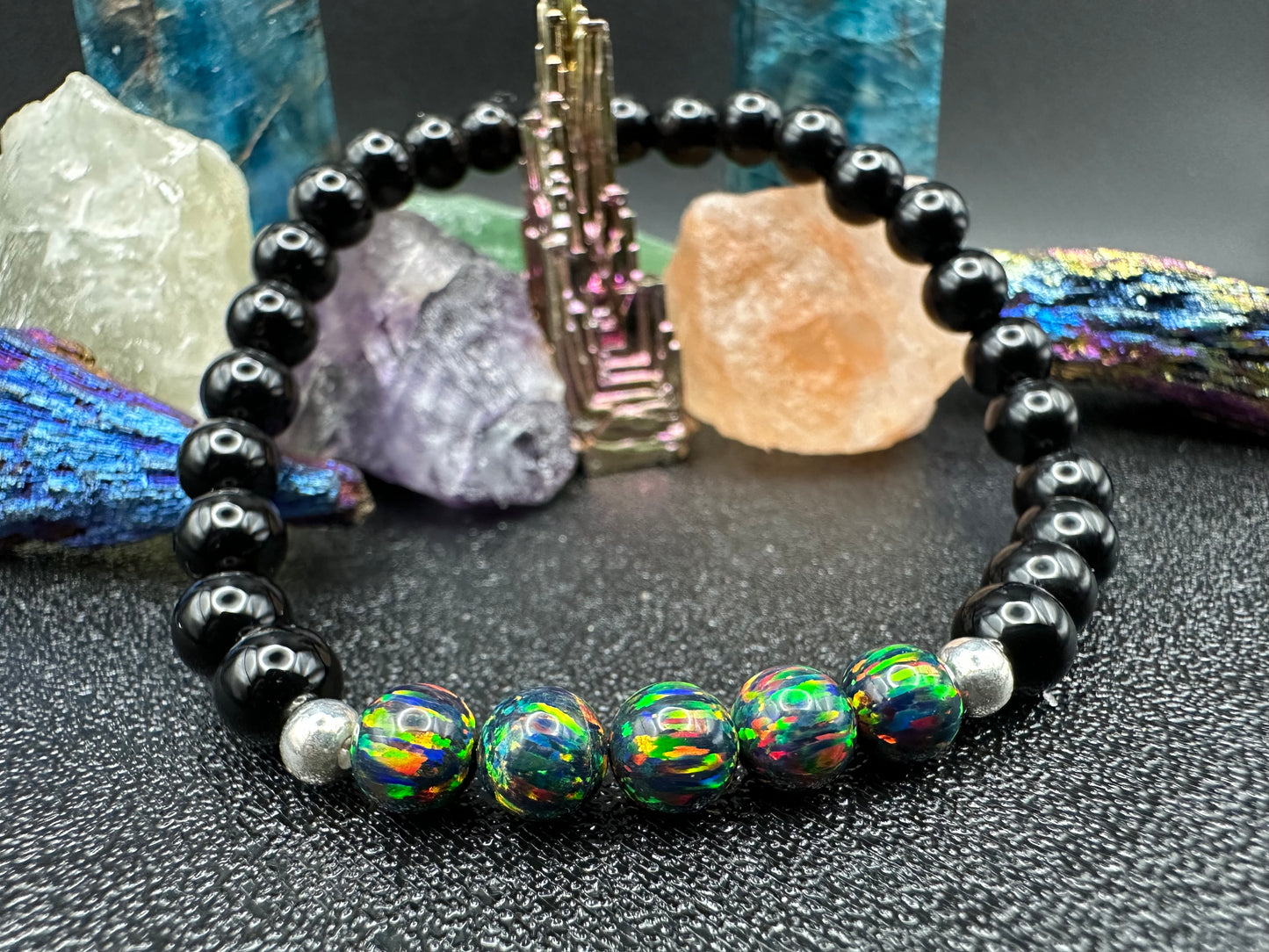 Onyx and Lab-Grown Black Fire Opal Bracelet